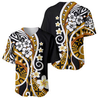 Baseball jersey set, black and gold tribal artwork with white hibiscus flowers, button-front