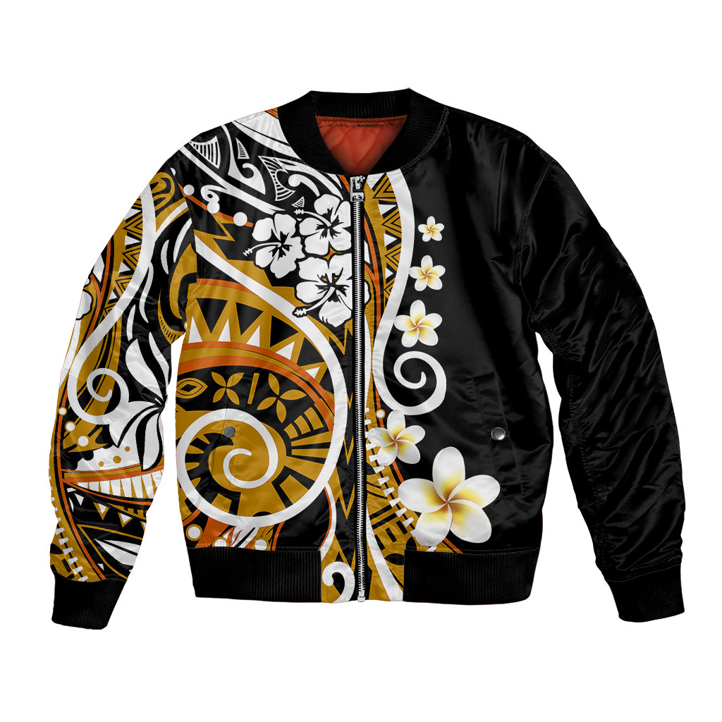 Black bomber jacket with gold and white Polynesian floral graphic, zip front, ribbed cuffs
