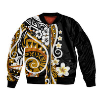Black bomber jacket with gold and white Polynesian floral graphic, zip front, ribbed cuffs