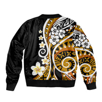 Black bomber jacket with large gold and white floral circular pattern, ribbed hem and cuffs