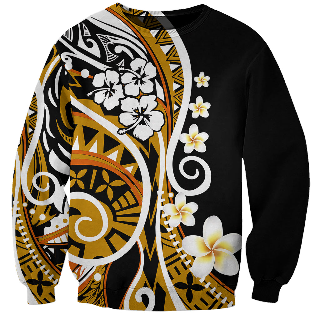 Unisex pullover sweatshirt in black and gold with white floral tribal front print