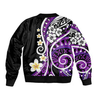 Unisex black bomber jacket with purple tribal pattern and white flower accents, ribbed hem