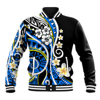 Black baseball jacket with blue floral Polynesian graphic, striped ribbed collar and cuffs