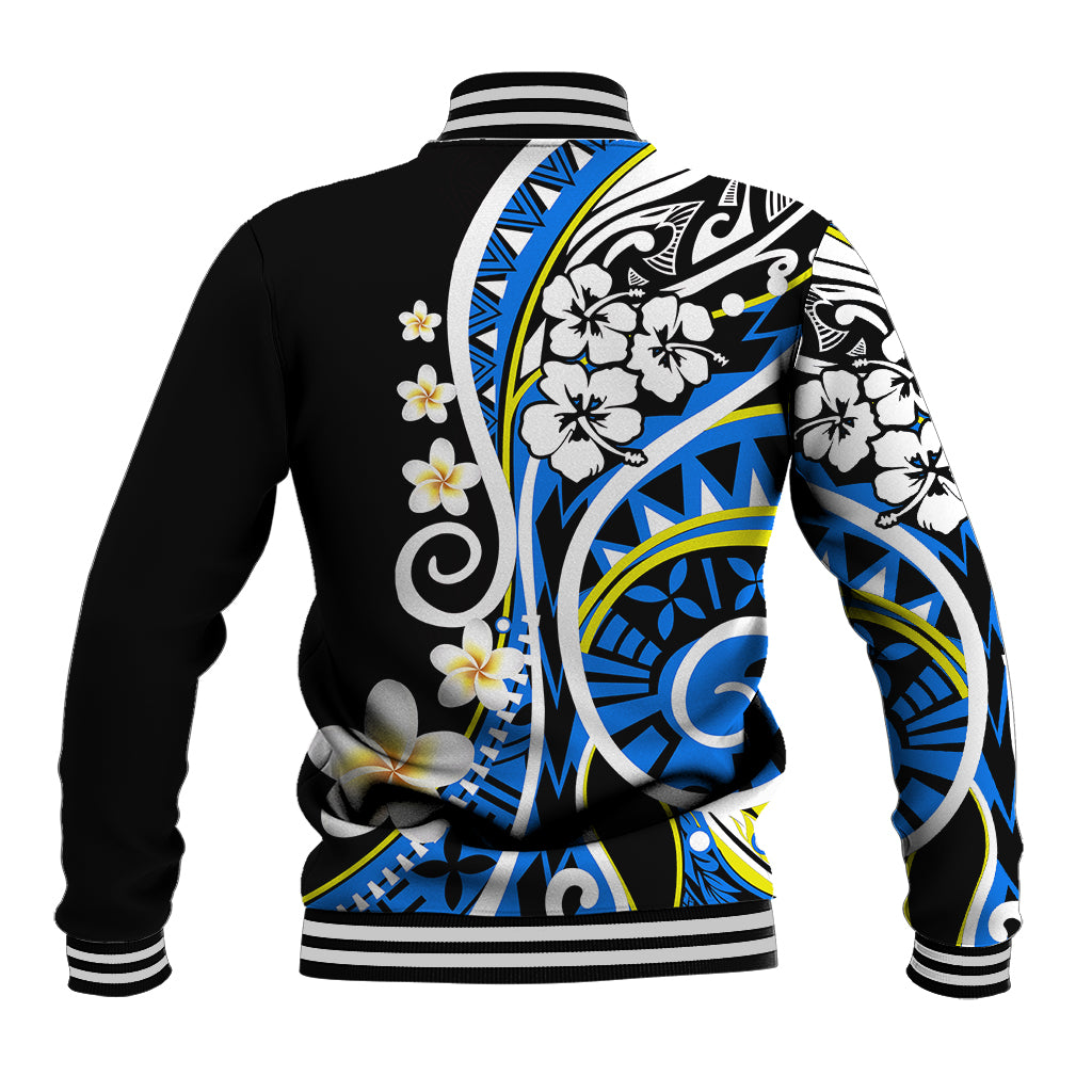 Black baseball jacket with blue-and-white floral Polynesian artwork on back, striped ribbing