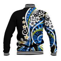 Black baseball jacket with blue-and-white floral Polynesian artwork on back, striped ribbing