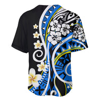Black baseball jersey with large blue circular graphic, white flowers, short sleeves