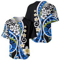 Black baseball jersey with blue-and-white floral tiki print, collared short sleeves