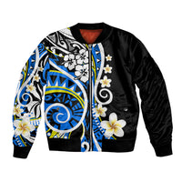 Unisex black bomber jacket with blue floral graphic, zip front, ribbed cuffs