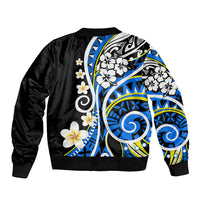 Unisex black bomber jacket with large blue-and-white back graphic, ribbed hem