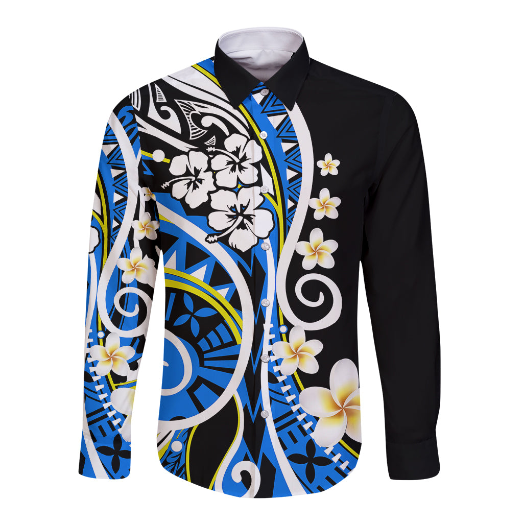 Long-sleeve button shirt with bold blue-and-white floral tribal print, black base