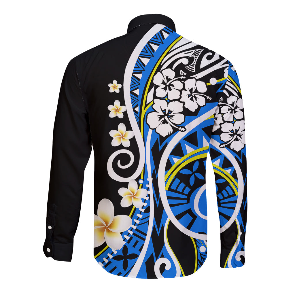 Long-sleeve button shirt, black back with large blue floral tribal graphic and cuffs
