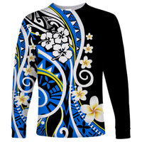 Long-sleeve shirt with Polynesian-style floral and geometric print, blue and black