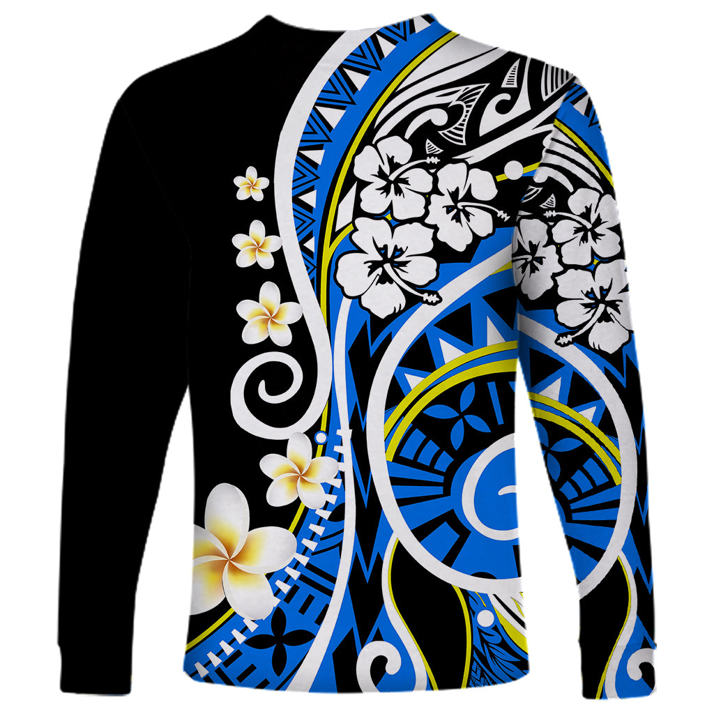 Long-sleeve shirt with blue-and-black floral and swirl print, angled view
