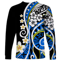 Long-sleeve shirt with blue-and-black floral and swirl print, angled view