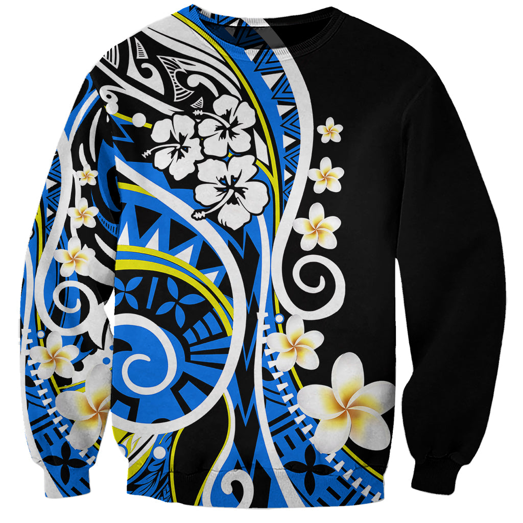 Unisex sweatshirt with black sleeves and blue tribal floral front graphic