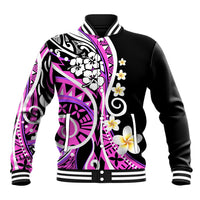Unisex black baseball jacket with pink tribal floral print, ribbed collar and cuffs