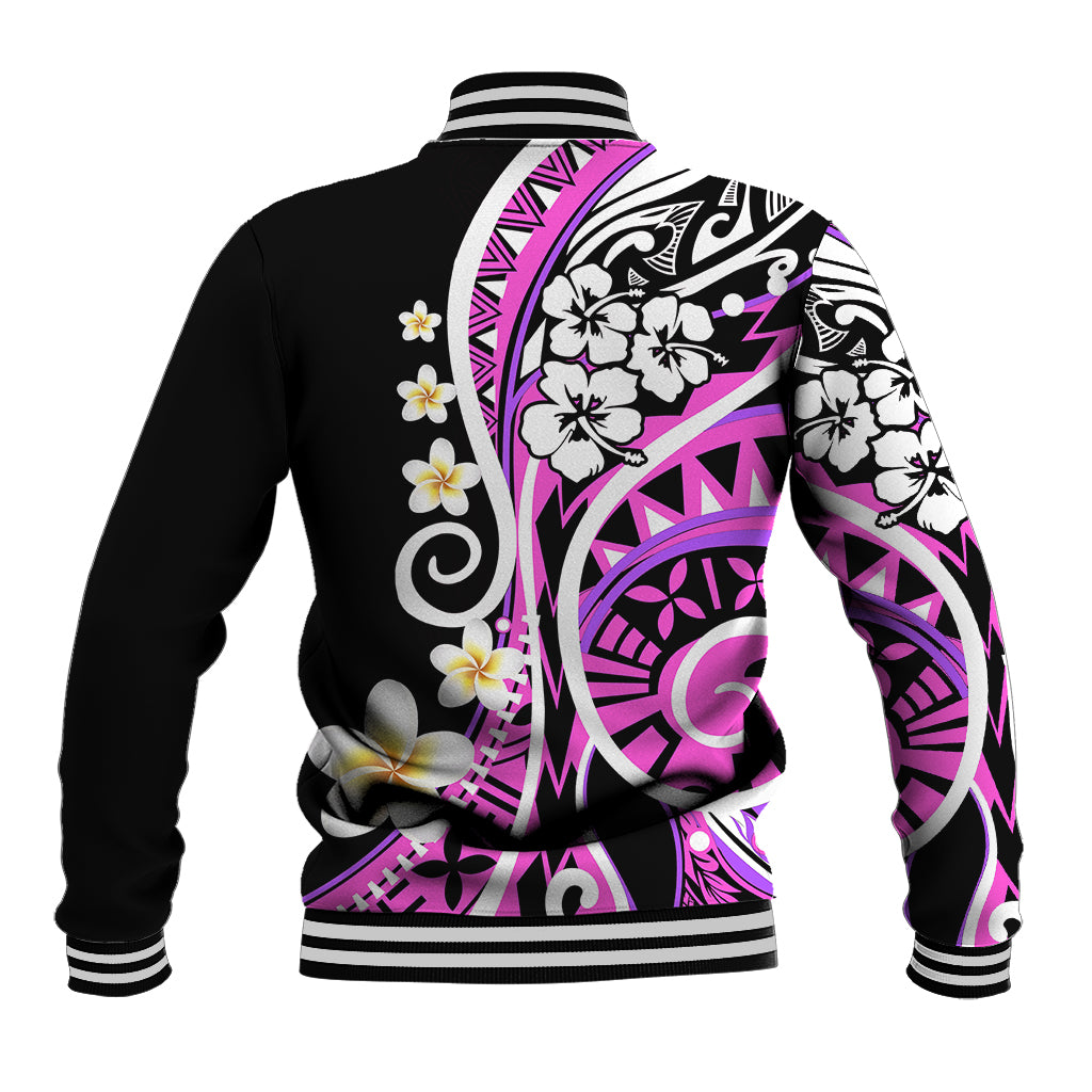 Unisex black baseball jacket back with pink-purple tribal floral print, ribbed hem and cuffs