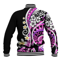 Unisex black baseball jacket back with pink-purple tribal floral print, ribbed hem and cuffs