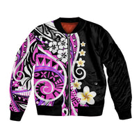 Pink and white floral tribal bomber jacket with black satin, zip front, ribbed cuffs and hem.