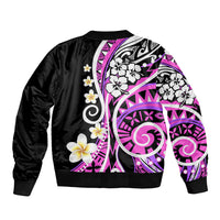 Black satin bomber jacket with pink tribal print and large floral graphics on back.