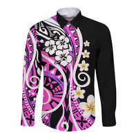 Long-sleeve button shirt in black with pink tribal print and white flower accents