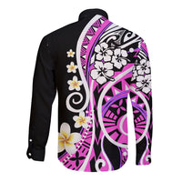 Long-sleeve button shirt, black back with pink-and-white tribal floral graphic