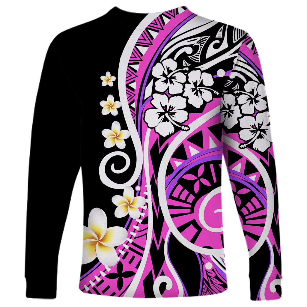 Long-sleeve unisex shirt, black with large pink moon and floral tribal artwork