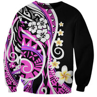 Unisex black sweatshirt with pink-purple Polynesian graphic and white flower accents