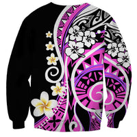 Unisex black sweatshirt with large pink-purple Polynesian print and white flower