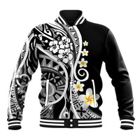 Black baseball jacket with white Polynesian floral/tribal print, ribbed collar and cuffs