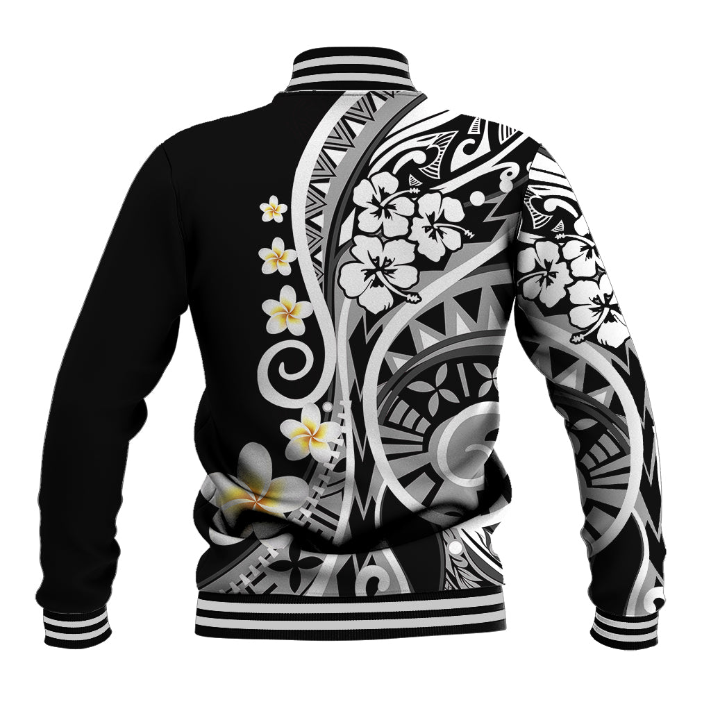 Black baseball jacket with large back Polynesian floral and tribal graphic, striped ribbed trim