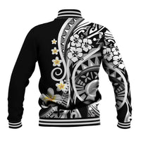 Black baseball jacket with large back Polynesian floral and tribal graphic, striped ribbed trim