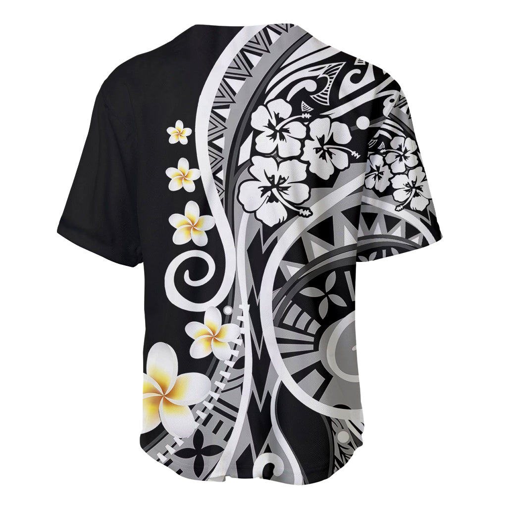 Black baseball jersey with button-front placket and white plumeria on tribal print