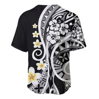 Black baseball jersey with button-front placket and white plumeria on tribal print