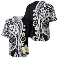 Black Polynesian baseball jersey showing front and back with white plumeria tribal print