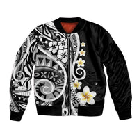Black unisex bomber jacket with Polynesian floral and tribal graphic front