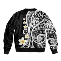 Black unisex bomber jacket with Polynesian floral and tribal graphic back