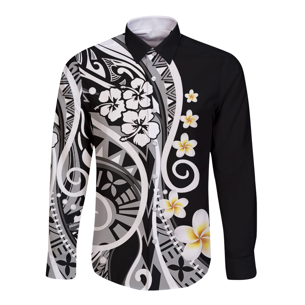 Black long sleeve button shirt with white tribal swirl and floral plumeria print
