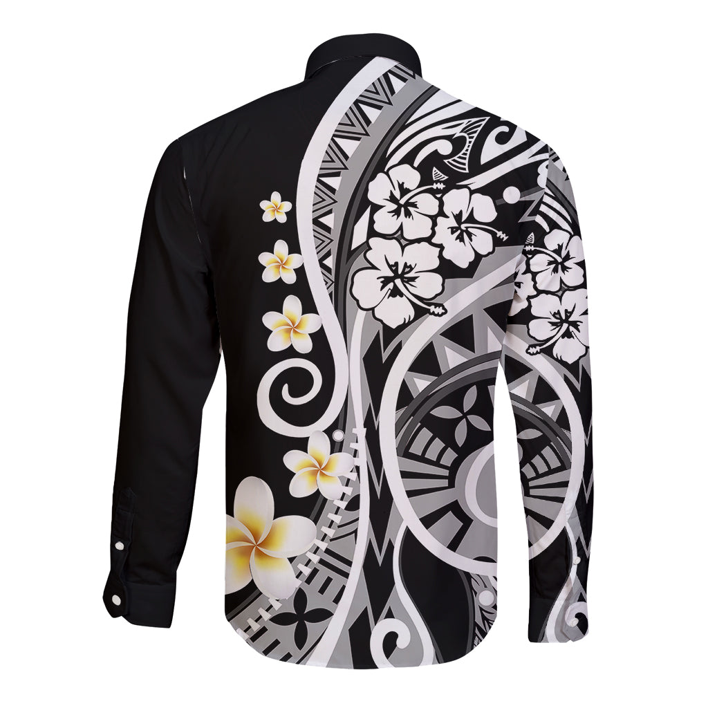 Black long sleeve button shirt with large white face-like tribal motif and plumeria flowers