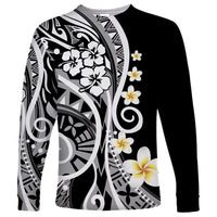 Long-sleeve shirt, black with white/gray Polynesian tribal print and plumeria flowers