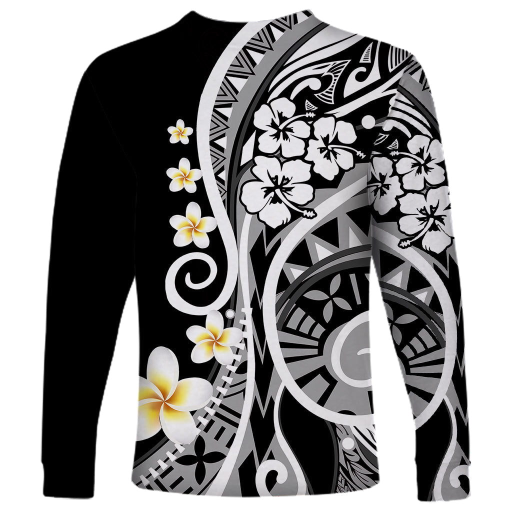 Long-sleeve shirt, black with large white/gray tribal graphic and plumeria flower accents