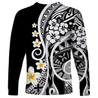 Long-sleeve shirt, black with large white/gray tribal graphic and plumeria flower accents