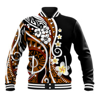 Unisex baseball jacket in black with brown tribal floral print and button front