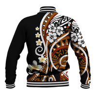 Unisex baseball jacket back view in black with brown tribal floral graphic and striped cuffs