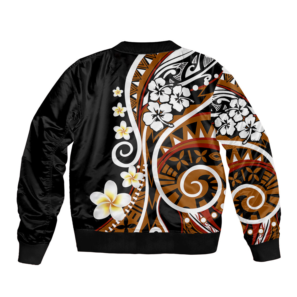 Black bomber jacket with Polynesian floral tribal print on sleeve and back, ribbed collar