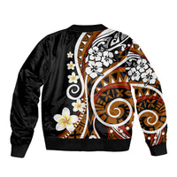 Black bomber jacket with Polynesian floral tribal print on sleeve and back, ribbed collar