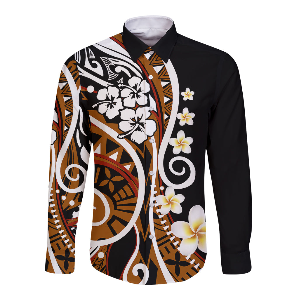Long-sleeve button shirt with black base, brown tribal print, and white hibiscus flowers