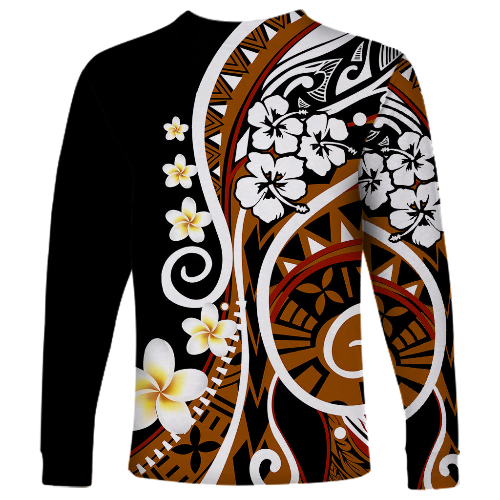 Unisex long sleeve shirt, black base with brown geometric and plumeria flower print