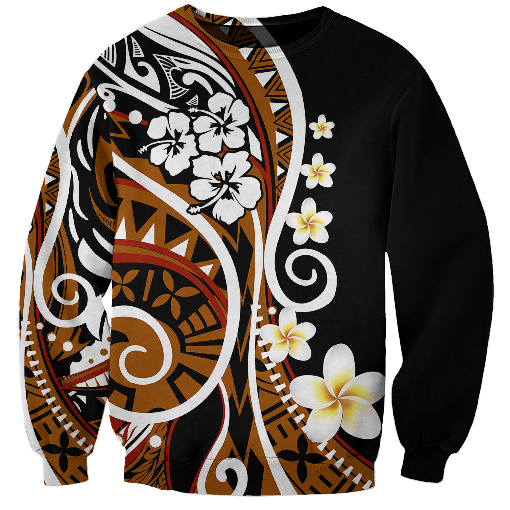 Unisex crewneck sweatshirt with black base, large Polynesian floral brown print.