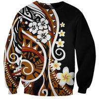 Unisex crewneck sweatshirt with black base, large Polynesian floral brown print.